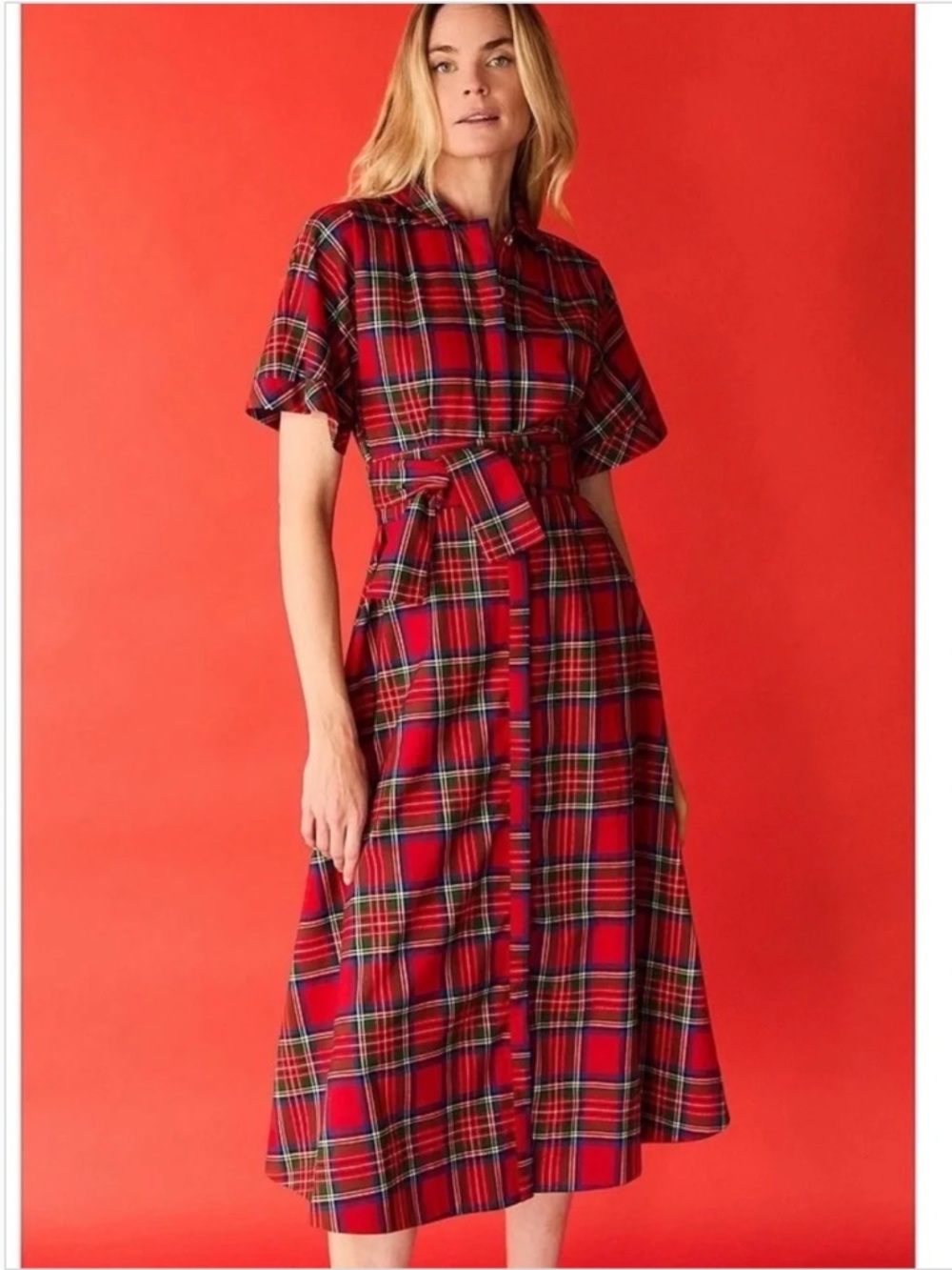 Buru Red Plaid Tartan Donna Midi Shirt Dress New M